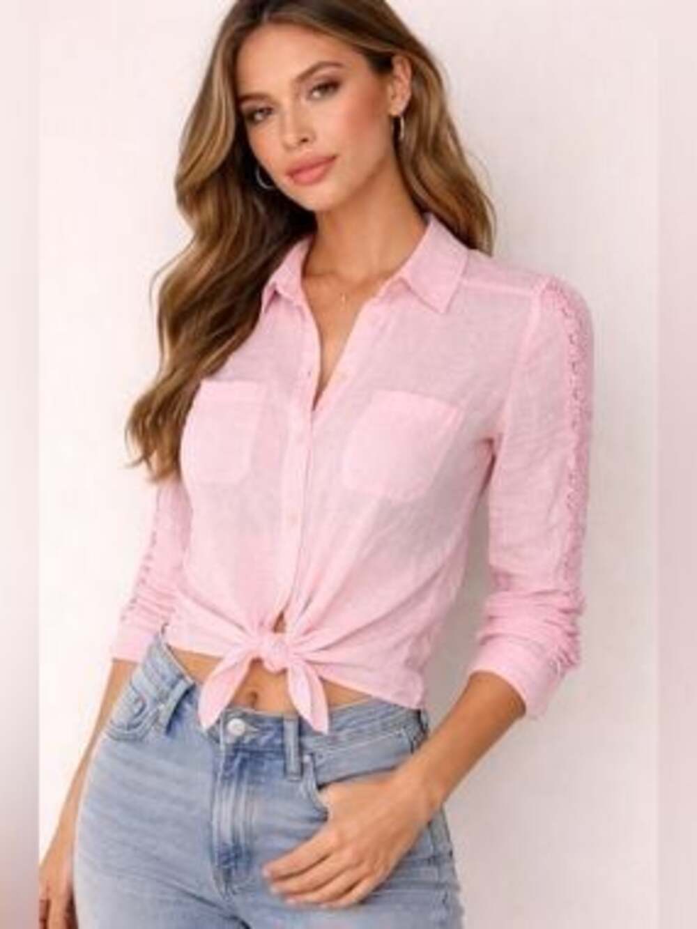 Lilly Pulitzer Pink 100% Linen Long Sleeve Button-Down Shirt Lace Detail XS